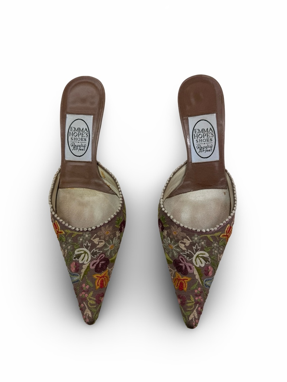 Emma Hope Floral Embroidered Pointed-Toe Mules in Brown